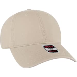 A beige 6-panel low-profile Dad cap with a curved brim and a logo tag on the front.