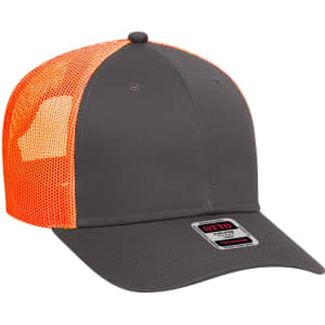 A grey low-profile trucker cap with orange mesh panels and a branded patch on the front.