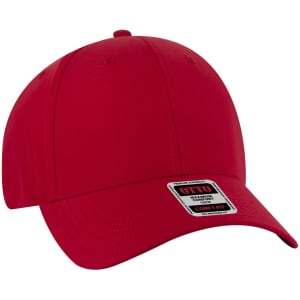 A red low profile baseball cap with six panels and a logo on the front.