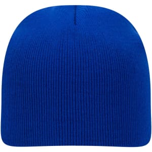 A blue classic knit beanie with a ribbed texture and rounded top, featuring a logo.