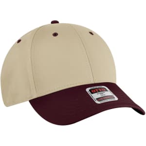 A beige and maroon 6-panel low-profile baseball cap with a logo on the front.
