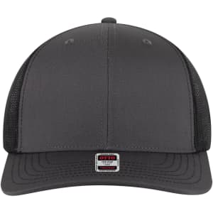 A grey 6 panel mid profile trucker cap with mesh side panels and a branding logo on the front.