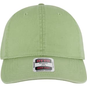 A light green 6 panel low profile dad cap with a logo on the front and a labelled tag visible.