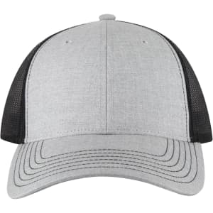 A grey and black six-panel low profile trucker cap featuring mesh sides and a curved brim.