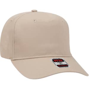 A beige 5 panel mid profile baseball cap with a logo on the front and a curved brim.