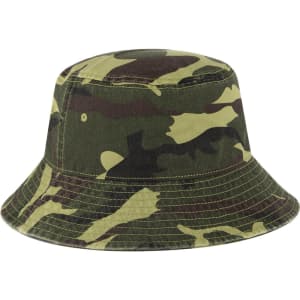 A camouflage bucket hat with a wide brim and a stitched design. It features various shades of green and brown.