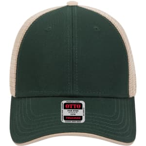 A green low profile trucker cap with a beige mesh back and a logo tag on the front.