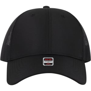 A low profile black trucker cap with a mesh back and a small logo on the front.