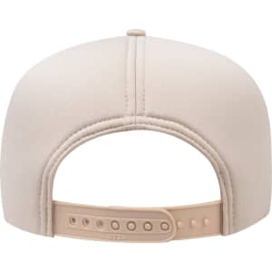 A beige 5 panel high crown full foam cap with a rear adjustable strap and a logo.
