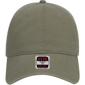 A green 6 Panel Low Profile Dad Cap with a logo tag on the front. Ideal for casual headwear.