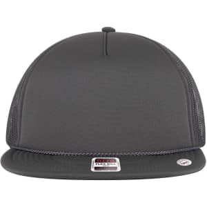A grey 5 panel style trucker cap with a flat brim and mesh sides, featuring a logo on the side.