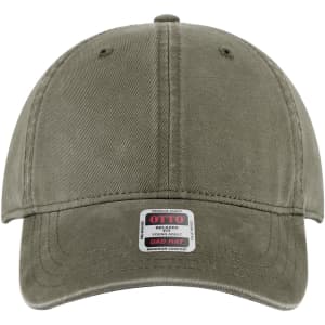 A six-panel low profile dad cap in olive green, featuring a branding label on the front.