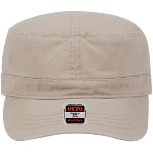 A military-style hat in beige, featuring a front band and a logo label.