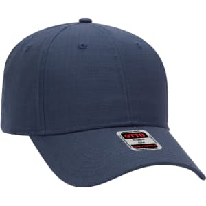 A navy blue 6 panel low profile baseball cap with a logo on the front.