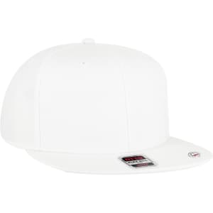 A white 6 panel mid profile snapback cap featuring a flat visor and a branding logo on the side.