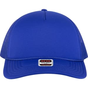 A blue 5 panel low profile trucker cap featuring mesh sides and a branded label on the front.