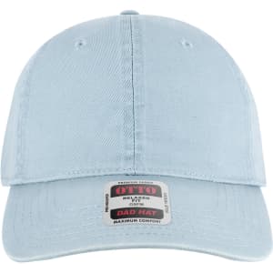 A light blue 6-panel low profile dad cap featuring a branded label on the front.