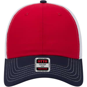 A red and navy 6-panel low profile trucker cap with a curved brim and a logo on the front.
