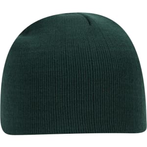 A dark green classic knit beanie with ribbed texture and a rounded top. It features a logo on the side.