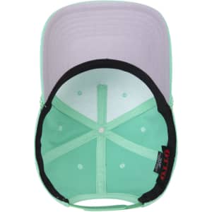 A mint green 5 Panel Mid Profile Baseball Cap with an underside in light grey and a black band, featuring a logo.