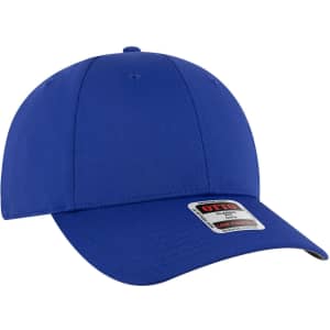 A blue 6 panel low profile baseball cap with a curved brim and a logo on the front.