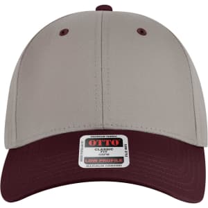 A low profile baseball cap in beige and burgundy with a logo tag on the front.