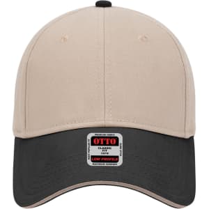 A beige and black 6-panel low profile baseball cap featuring a logo on the front.