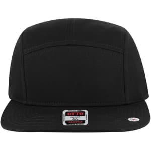 A black 5 Panel Camper Hat with a flat brim and a branded tag at the front.