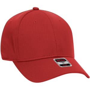 A red 6 panel low profile baseball cap with a logo on the front. The cap features a textured fabric design.
