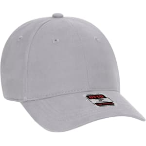 A grey six-panel low profile baseball cap with a branded tag. Ideal for youth headwear.