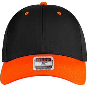 A black and orange 6-panel low profile baseball cap featuring a logo on the front.