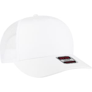 A white 5 panel mid profile trucker cap featuring a mesh back and a branded label on the front.