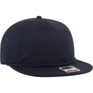 A navy 5 panel pro style snapback cap featuring a textured brim and a logo patch.