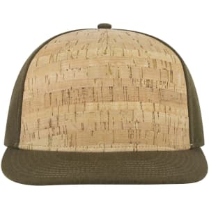 A stylish cap featuring a cork front and olive green sides, designed with a flat brim and snapback closure.