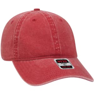 A red low-profile dad cap with a curved brim and a logo on the front.