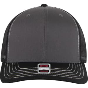A six-panel mid profile trucker cap in grey with a black brim, featuring a mesh design and a logo.