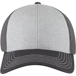 A grey and black 6 panel low profile trucker cap with a structured front and mesh sides. It features a logo.