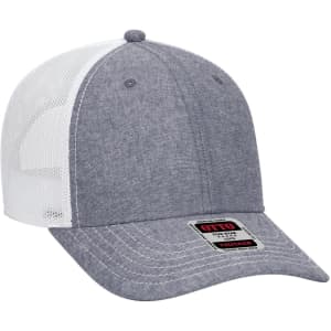 A grey and white 6-panel low profile trucker cap with a mesh back and a logo on the front.