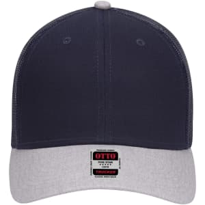A low profile trucker cap featuring a navy front and grey mesh back, with a logo on the front.