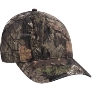 A camo-patterned low profile baseball cap featuring earthy tones and a fitted design. It has a logo on the side.