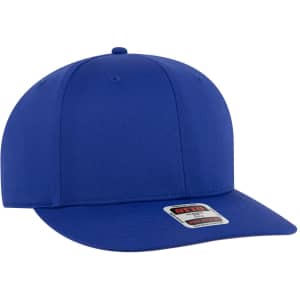 A blue 6-panel pro style snapback hat with a flat brim and an attached logo.