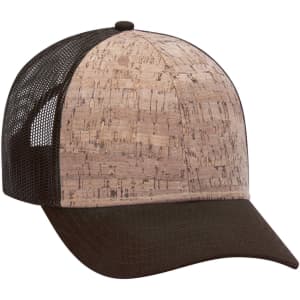 A low-profile trucker cap featuring a cork-patterned front and a brown mesh back. It has a curved brim and a logo.