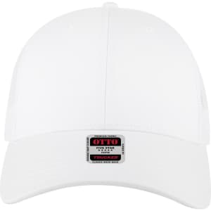 A white 6-panel low profile trucker cap featuring a branding label on the front.