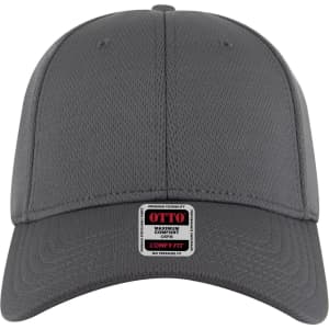 A grey low profile baseball cap with a six-panel design and a logo on the front.