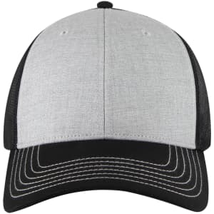A low profile trucker cap featuring a grey fabric front and black mesh sides, with contrasting stitching.