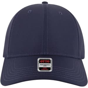 A navy blue 6 panel low profile style baseball cap with a logo label on the front.