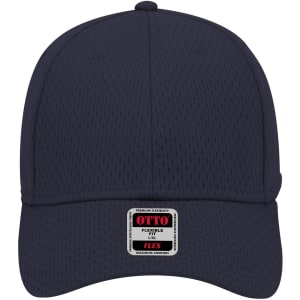 A navy blue 6 panel low profile baseball cap with a logo on the front and a breathable mesh design.