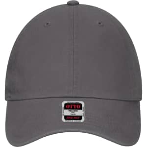 A grey six-panel low profile dad cap with a logo on the front and ventilation holes on the top.