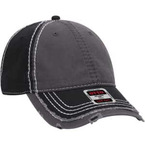 A grey and black 6 panel low profile dad cap with contrasting stitching and a logo patch.