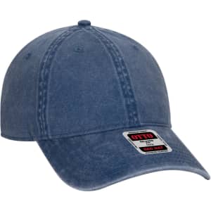 A blue denim 6-panel low profile dad cap with a curved brim and a logo on the front.